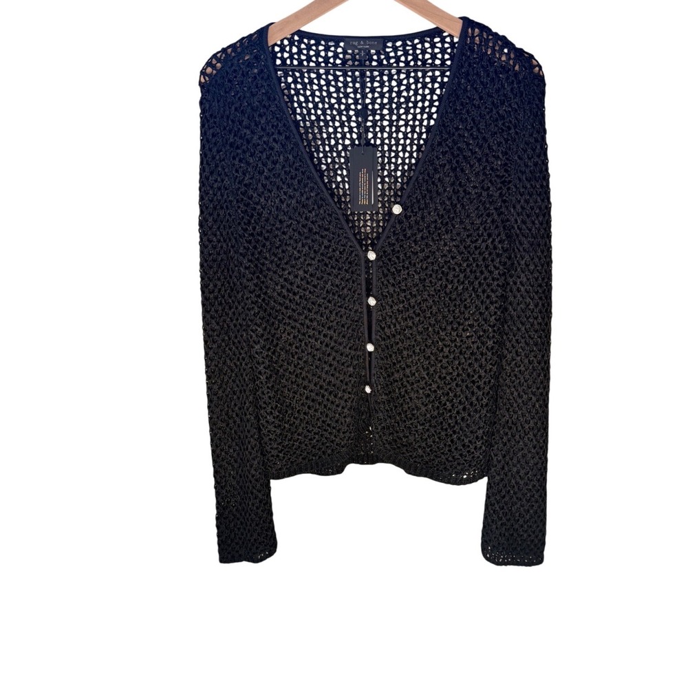 rag & bone Ellie Open-Knit V-Neck Cardigan Women S Black NWT Pearl Buttons - Picture 3 of 10